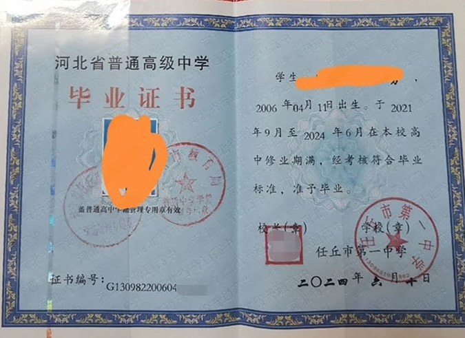 石阡任丘市第一中学高中毕业证样本图片